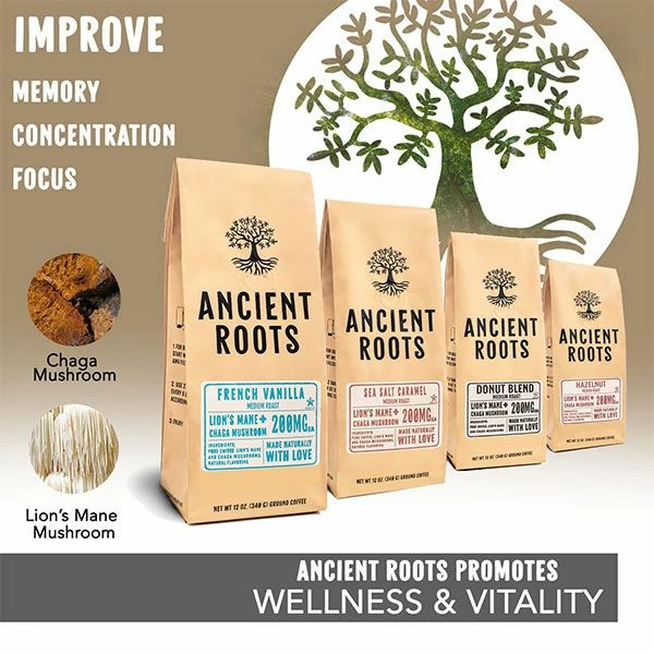 Ancient Roots Sea Salted Caramel Flavored Mushroom Medium Roast Ground Coffee, 6/12 Oz Bags - Image 3