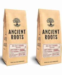 Ancient Roots Sea Salted Caramel Flavored Mushroom Medium Roast Ground Coffee, 2/12 Oz Bags
