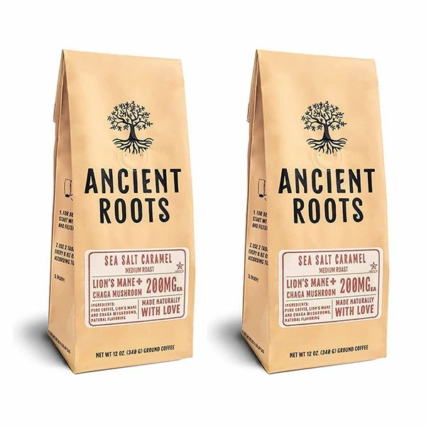 Ancient Roots Sea Salted Caramel Flavored Mushroom Medium Roast Ground Coffee, 2/12 Oz Bags 3 Ancient Roots Sea Salted Caramel Flavored Mushroom Medium Roast Ground Coffee, 2/12 Oz Bags