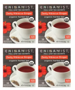 China Mist - Zesty Hibiscus Ginger Organic Black Full Leaf Tea Sachet, 4 Boxes 15 Count Each