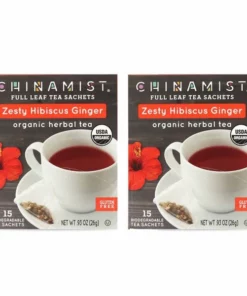 China Mist - Zesty Hibiscus Ginger Organic Black Full Leaf Tea Sachet, 2 Boxes 15 Count Each - Biodegradable And Individually Wrapped