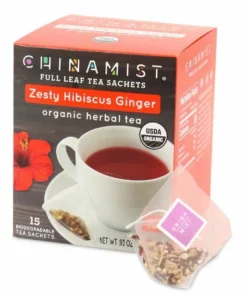 China Mist - Zesty Hibiscus Ginger Organic Black Full Leaf Tea Sachet, 15 Count Box - Biodegradable And Individually Wrapped